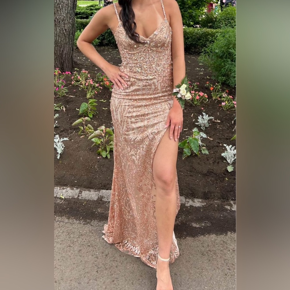 Sparkling Rose Gold Sequin Prom Dress with Cowl Neck and High Slit